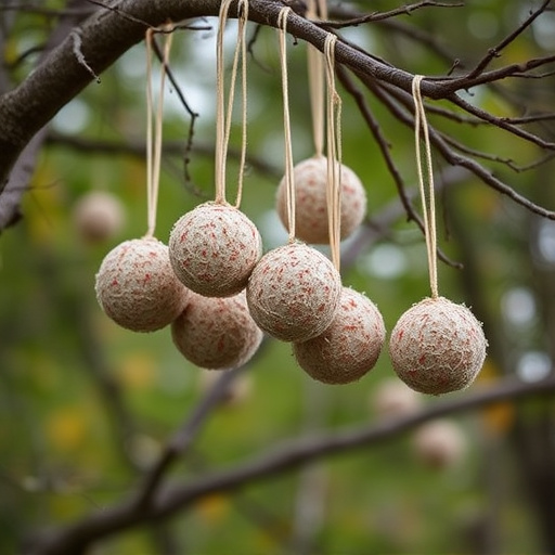 Suet balls hanging from tree branches