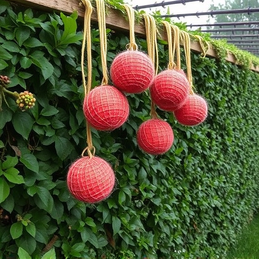 Suet balls hanging near hedgerow plants