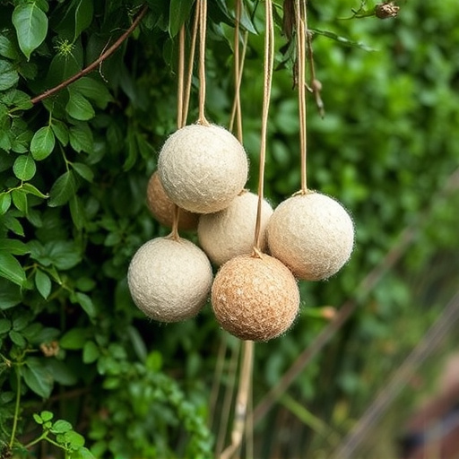 Suet balls hanging near hedgerow plants