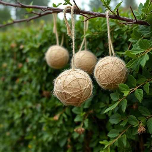 Suet balls hanging near hedgerow plants