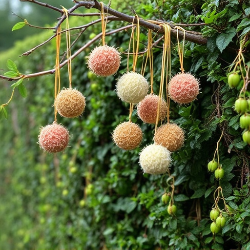 Suet balls hanging near hedgerow plants