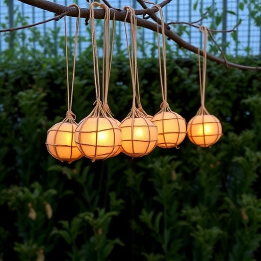Suet balls hanging near hedgerow plants