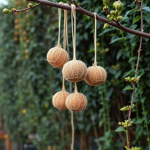 Suet balls hanging near hedgerow plants