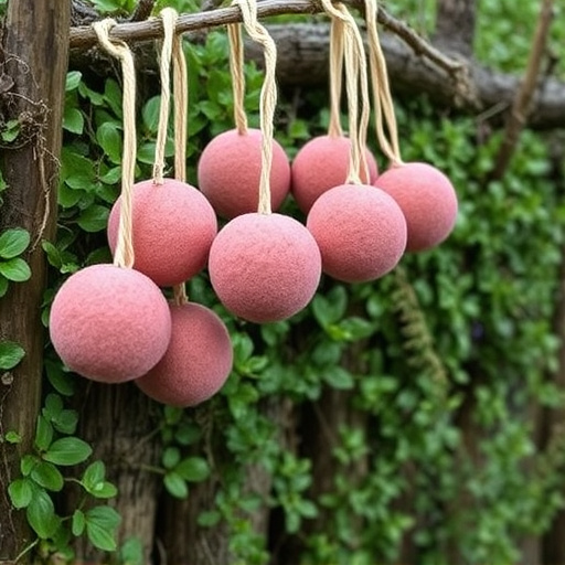 Suet balls hanging near hedgerow plants