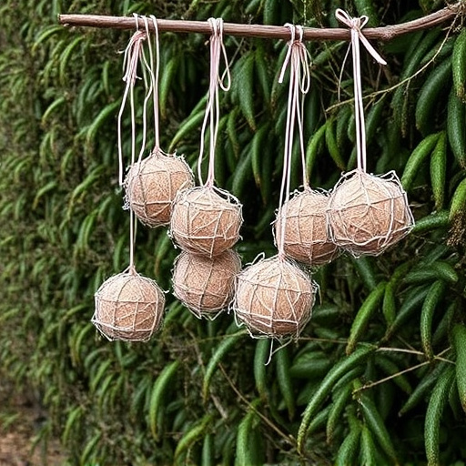 Suet balls hanging near hedgerow plants