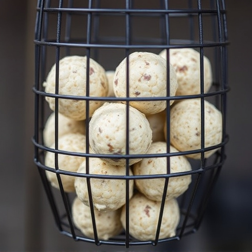Suet balls stacked inside wire feeder cage