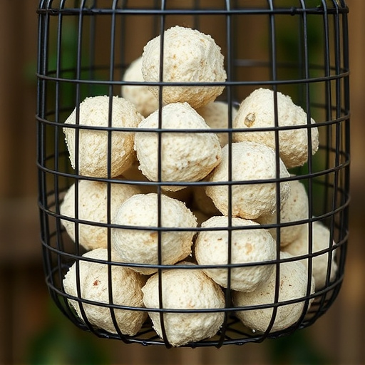 Suet balls stacked inside wire feeder cage