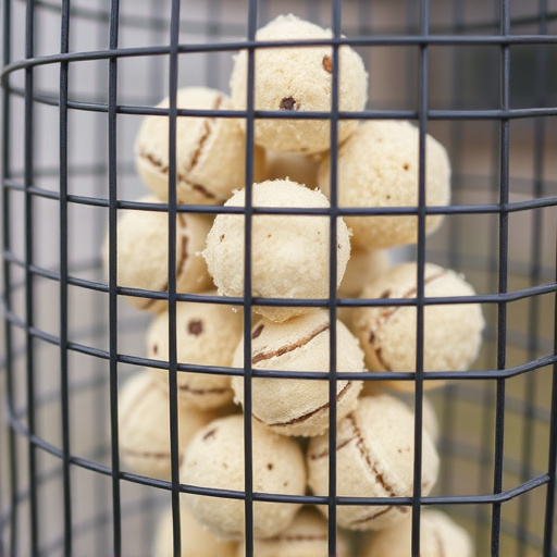 Suet balls stacked inside wire feeder cage