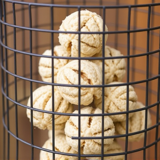 Suet balls stacked inside wire feeder cage