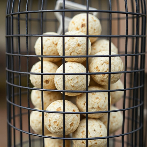 Suet balls stacked inside wire feeder cage