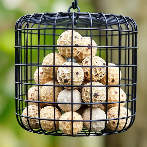 Suet balls stacked inside wire feeder cage