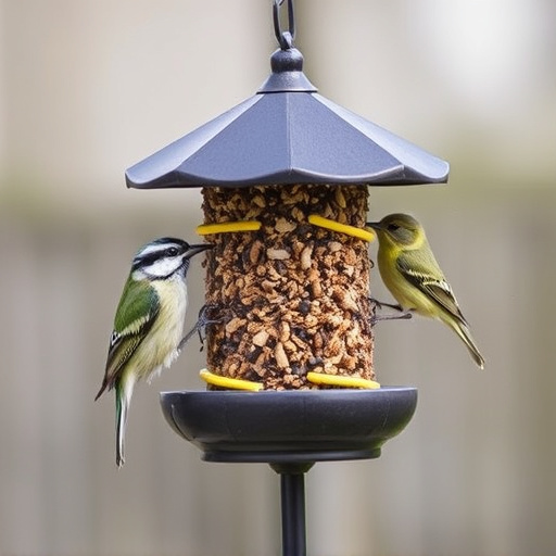 Suet-filled feeder attracting small songbirds