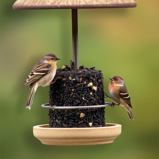 Suet-filled feeder attracting small songbirds