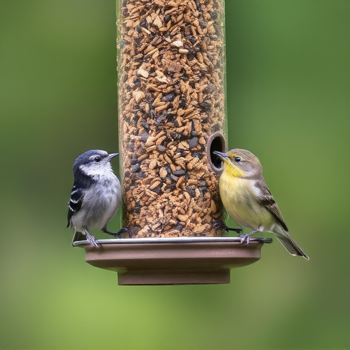 Suet-filled feeder attracting small songbirds