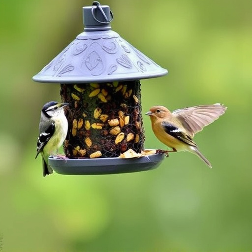 Suet-filled feeder attracting small songbirds