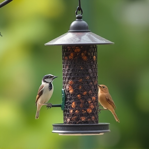 Suet-filled feeder attracting small songbirds