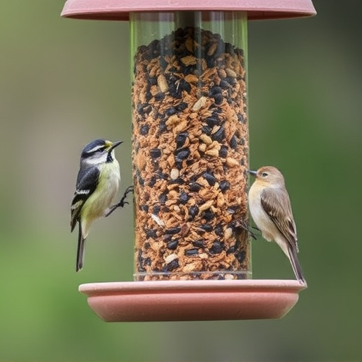 Suet-filled feeder attracting small songbirds