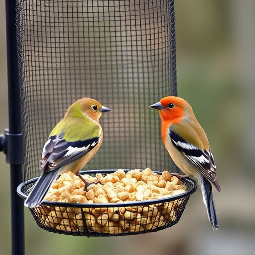 Suet pellets in mesh feeder with birds