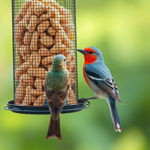 Suet pellets in mesh feeder with birds