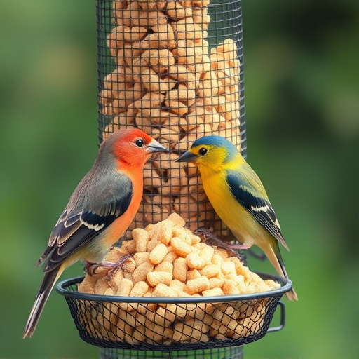 Suet pellets in mesh feeder with birds