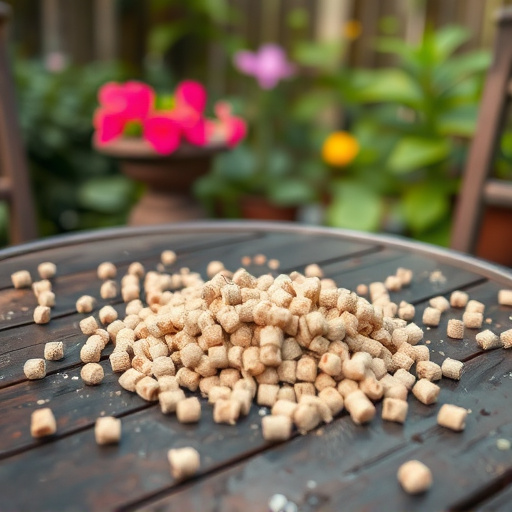 Suet pellets scattered on garden table