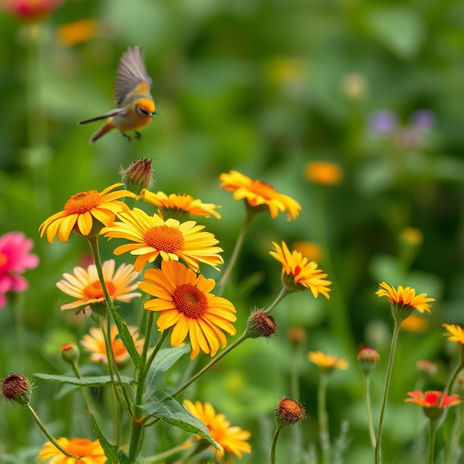 Summer flowers with birds nearby
