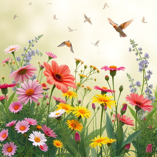 Summer flowers with birds nearby
