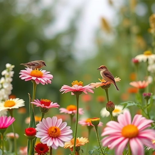 Summer flowers with birds nearby