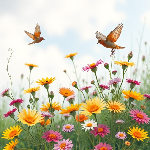 Summer flowers with birds nearby