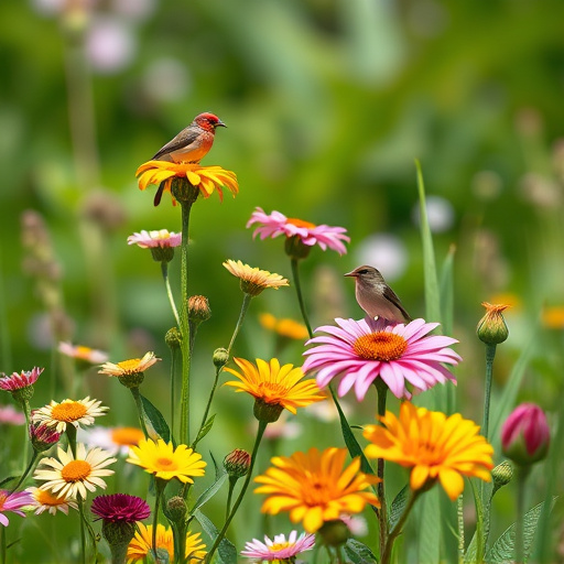 Summer flowers with birds nearby