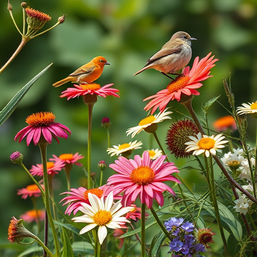 Summer flowers with birds nearby
