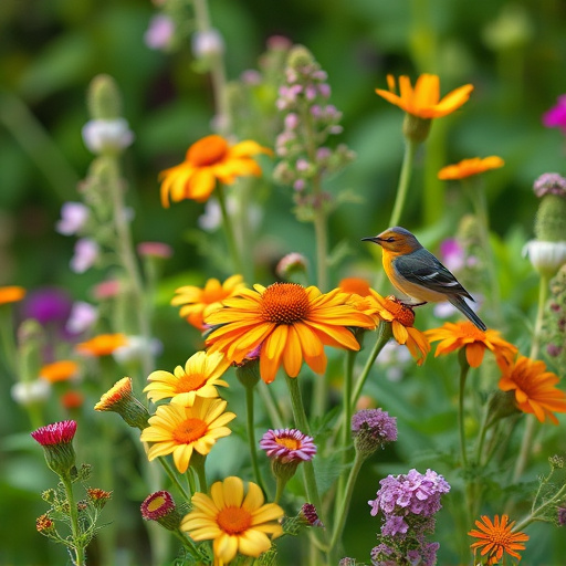 Summer flowers with birds nearby