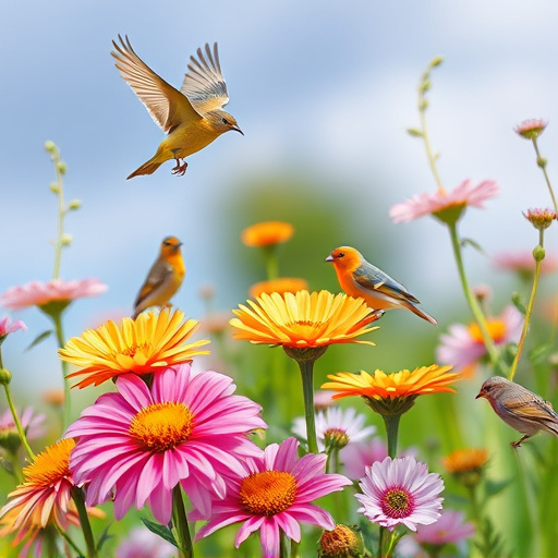 Summer flowers with birds nearby