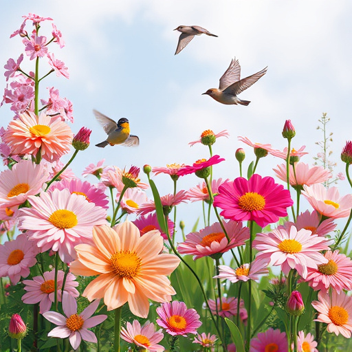 Summer flowers with birds nearby