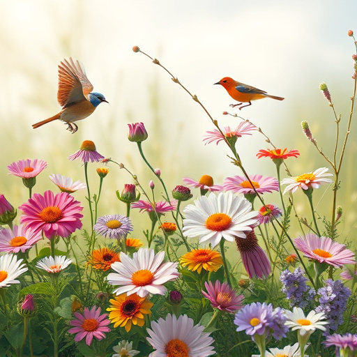 Summer flowers with birds nearby