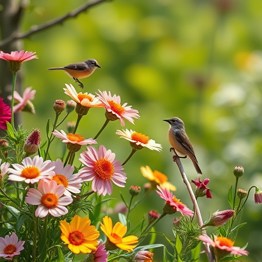 Summer flowers with birds nearby