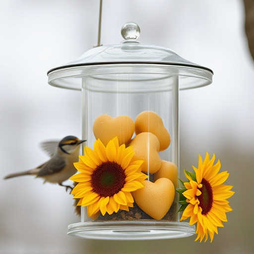 Sunflower hearts in clear plastic bird feeder