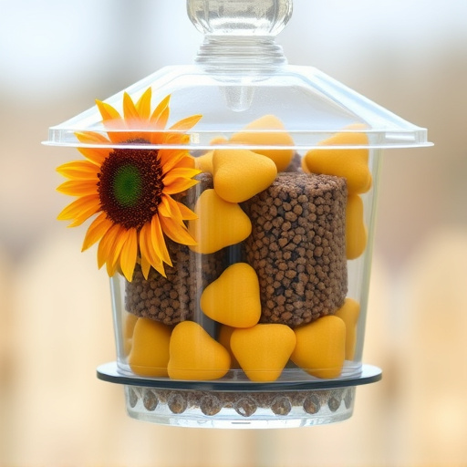 Sunflower hearts in clear plastic bird feeder