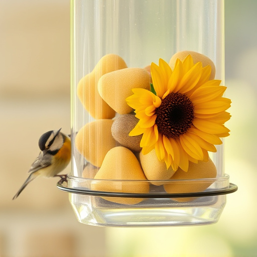 Sunflower hearts in clear plastic bird feeder