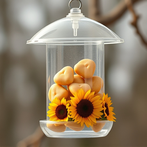 Sunflower hearts in clear plastic bird feeder
