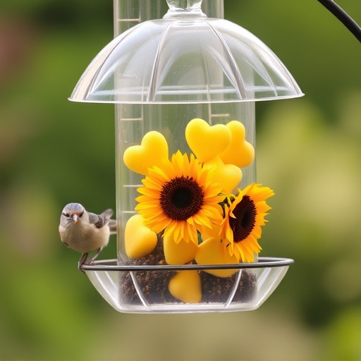 Sunflower hearts in clear plastic bird feeder