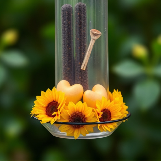 Sunflower hearts in clear plastic bird feeder