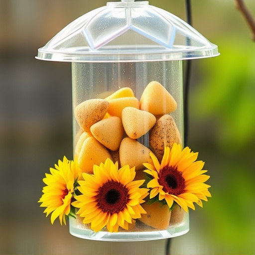 Sunflower hearts in clear plastic bird feeder