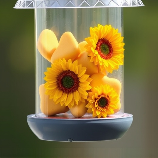 Sunflower hearts in clear plastic bird feeder