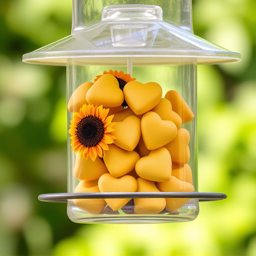 Sunflower hearts in clear plastic bird feeder