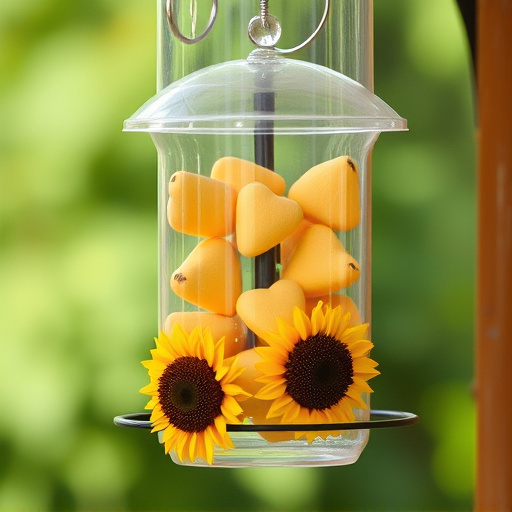 Sunflower hearts in clear plastic bird feeder
