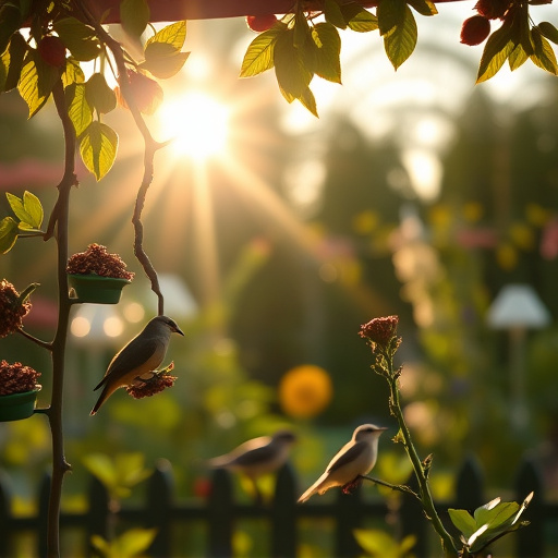 Sunlit garden with birds eating seed