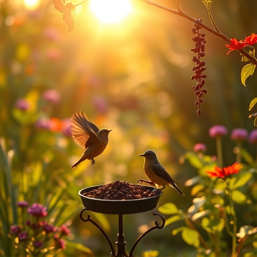 Sunlit garden with birds eating seed