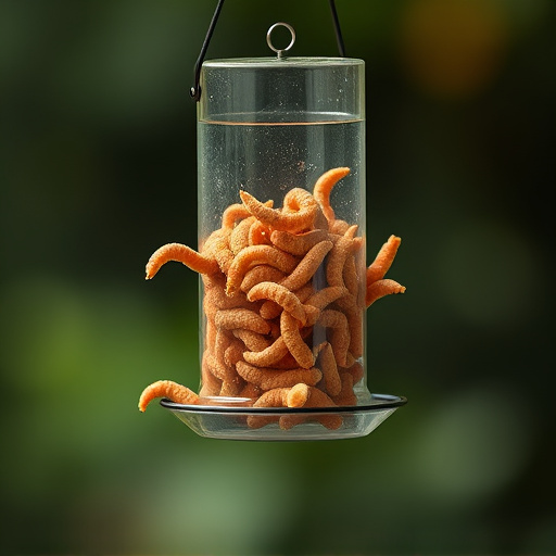 Suspended feeder filled with wriggly treats