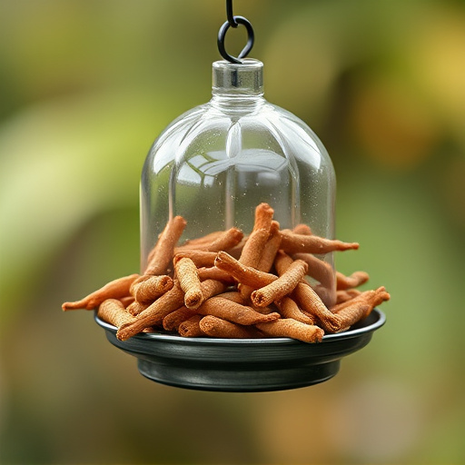 Suspended feeder filled with wriggly treats